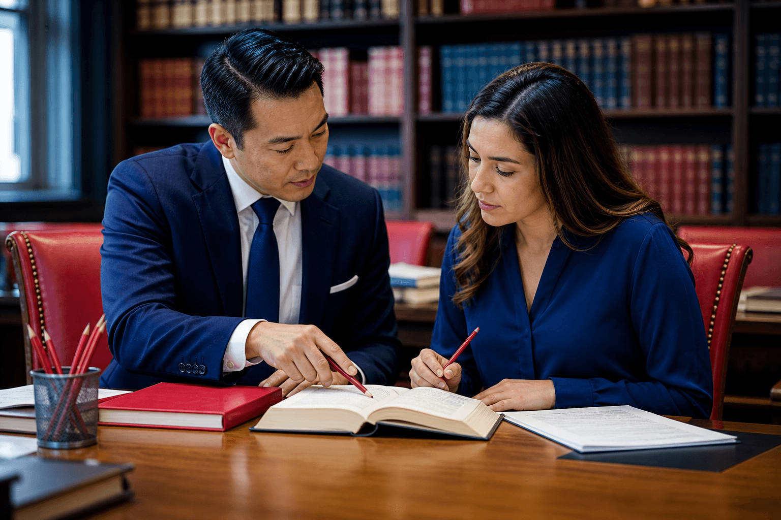 Profesionales revisando documentos en una biblioteca legal