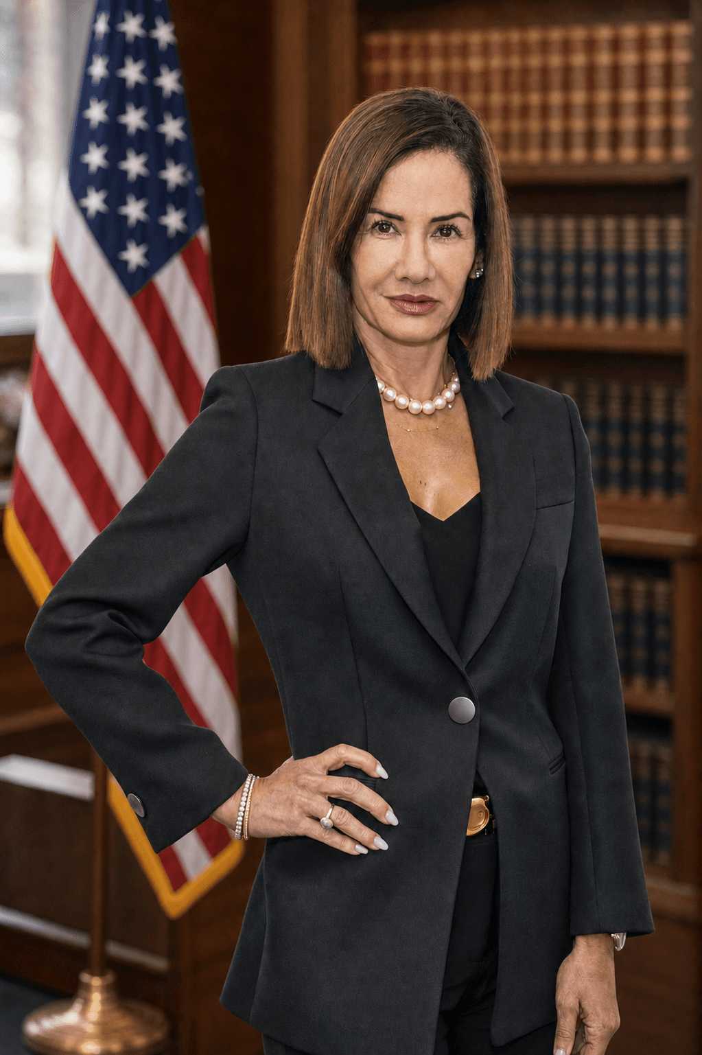 Valentina Coriat, abogado de GMC Immigration junto a la bandera de Estados Unidos